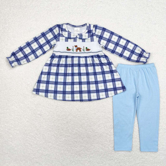 GLP1599 Duck Dog Embroidery Plaid Tunic Top Blue Pants Girls Fall Clothes Set