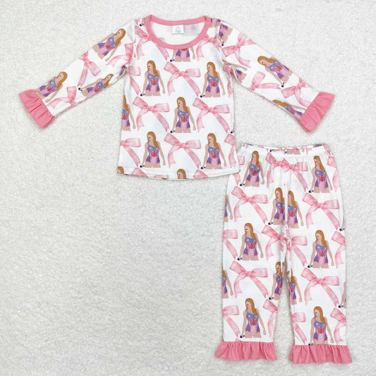 GLP1606 Singer Swiftie Pink Bows Print Girls Fall Bamboo Pajamas Clothes Set