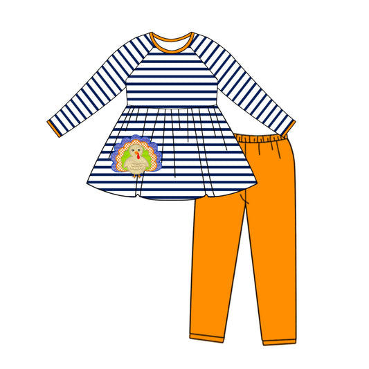 (Pre-order)GLP1608 Turkey Navy Stripes Tunic Top Orange Pants Girls Thanksgiving Clothes Set