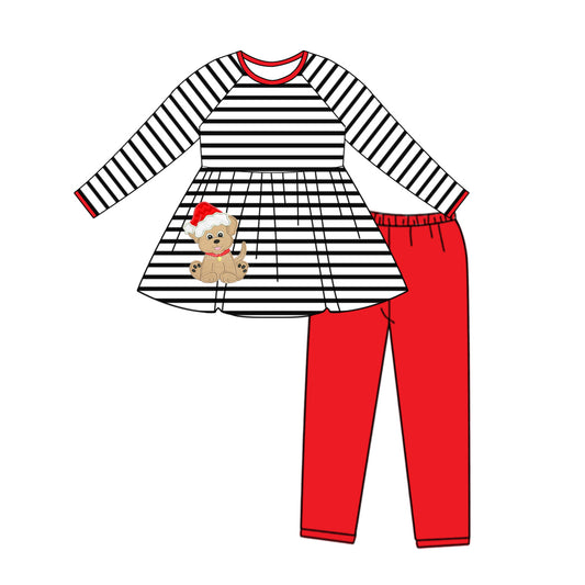 (Pre-order)GLP1609 Dog Black Stripes Tunic Top Red Pants Girls Christmas Clothes Set