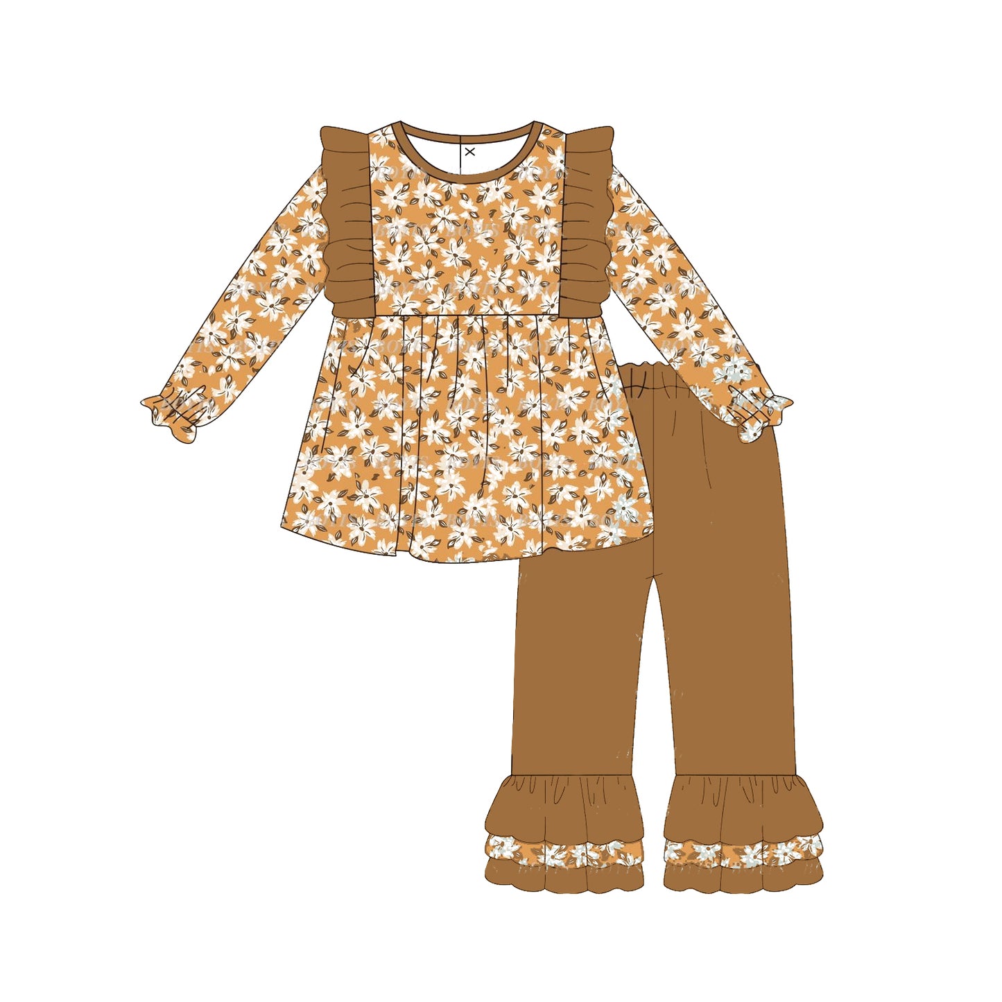 (Pre-order)GLP1615 Brown Flowers Tunic Top Ruffle Pants Girls Fall Clothes Set