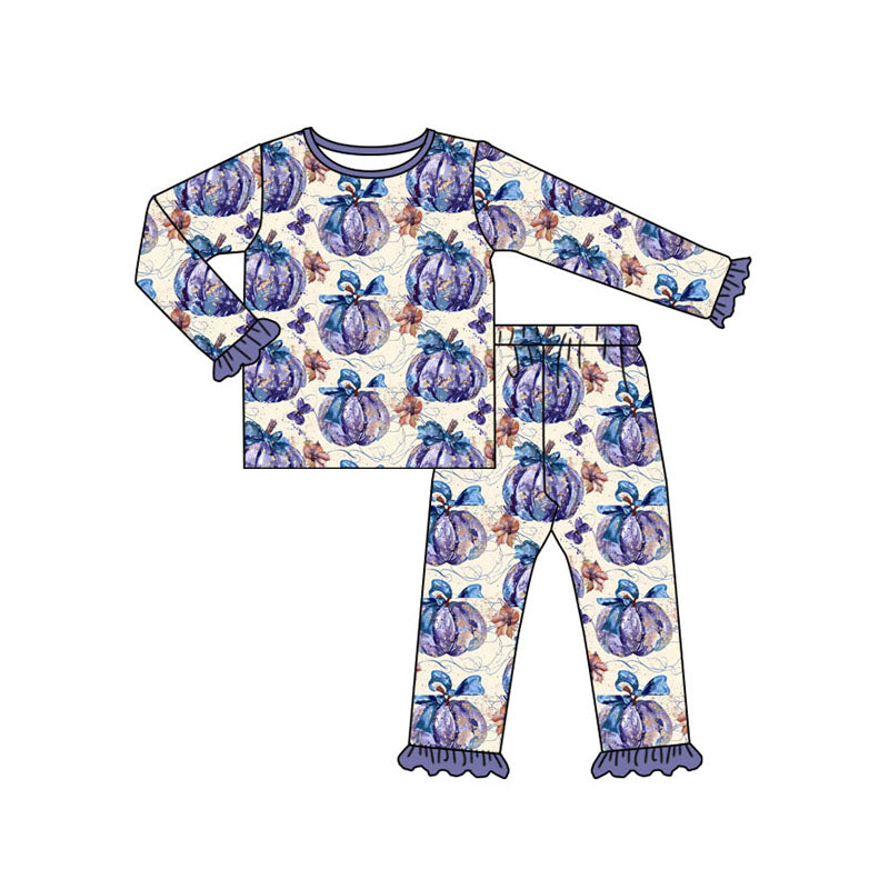 (Pre-order)GLP1618 Purple Pumpkin Bows Print Girls Fall Pajamas Clothes Set