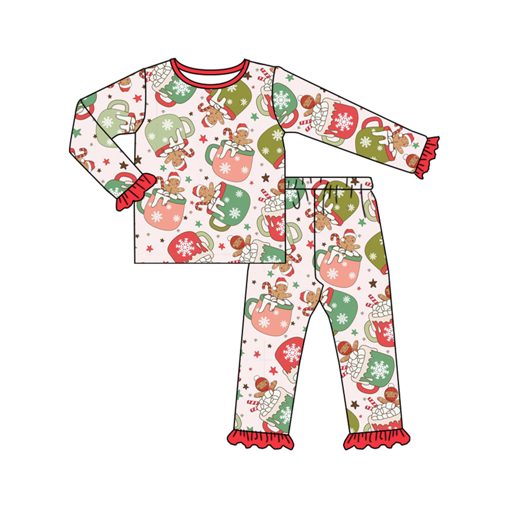 (Pre-order)GLP1621 Gingerbread Milk Print Girls Christmas Pajamas Clothes Set