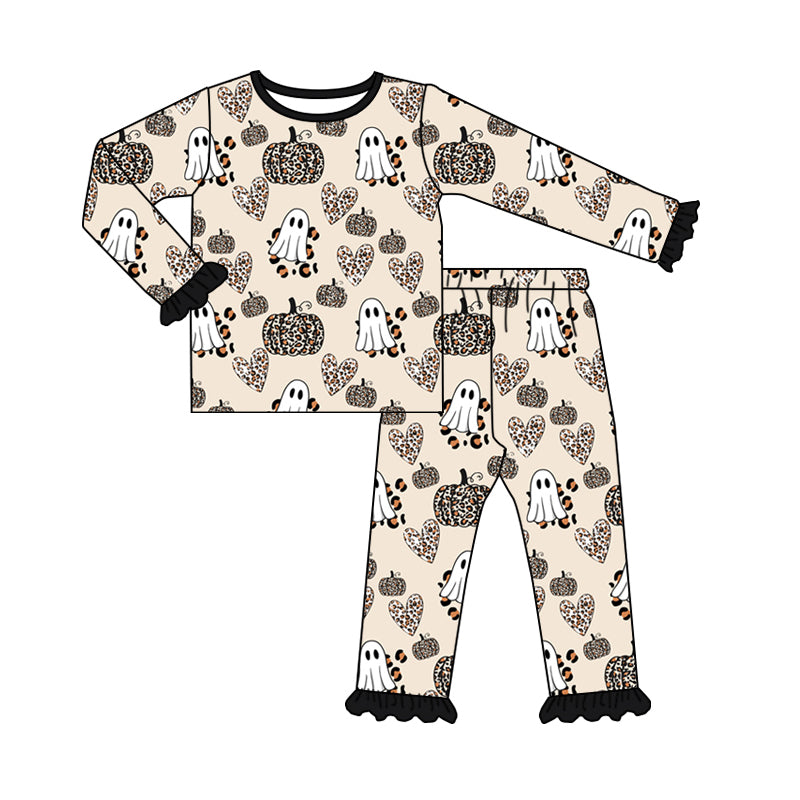 (Pre-order)GLP1626 Ghost Pumpkin Leopard Print Girls Halloween Pajamas Clothes Set