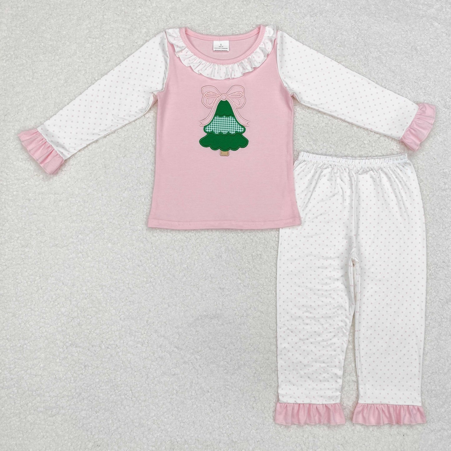 GLP1628 Christmas Tree Embroidery Pink Dots Print Girls Christmas Pajamas Clothes Set