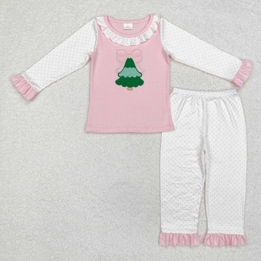 GLP1628 Christmas Tree Embroidery Pink Dots Print Girls Christmas Pajamas Clothes Set