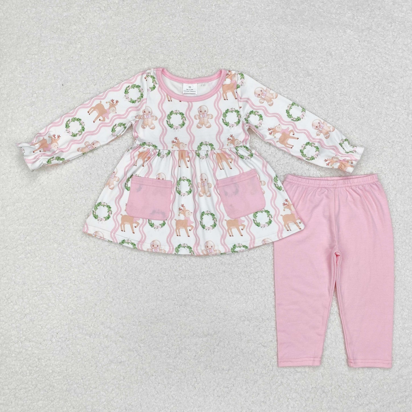 GLP1629 Gingerbread Flowers Tunic Top Pink Pants Girls Christmas Clothes Set