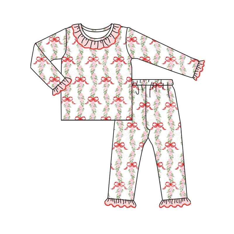 (Pre-order)GLP1631 Flowers Bows Print Girls Fall Pajamas Clothes Set