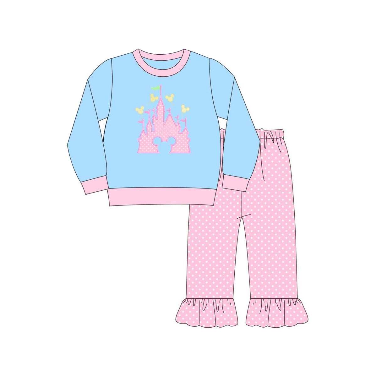 (Pre-order)GLP1633 Cartoon Castle Blue Top Pink Dots Pants Girls Fall Clothes Set