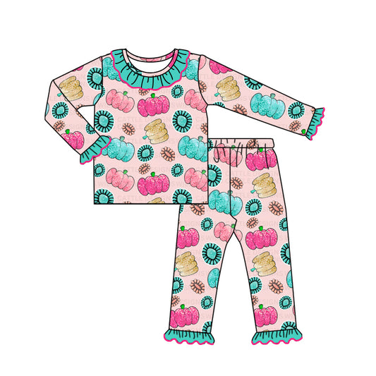 (Pre-order)GLP1636 Pumpkin Turquoise Print Girls Fall Pajamas Clothes Set