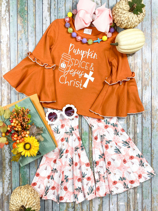 (Pre-order)GLP1638 Pumpkin Spice Tunic Top Flowers Bell Pants Girls Fall Clothes Set