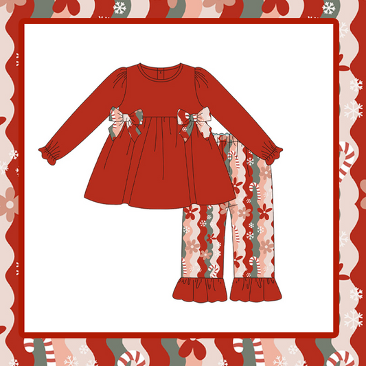 (Pre-order)GLP1642 Red Tunic Top Candy Cane Flowers Pants Girls Christmas Clothes Set