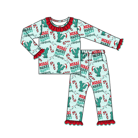 (Pre-order)GLP1646 Cactus Candy Cane Print Girls Christmas Pajamas Clothes Set