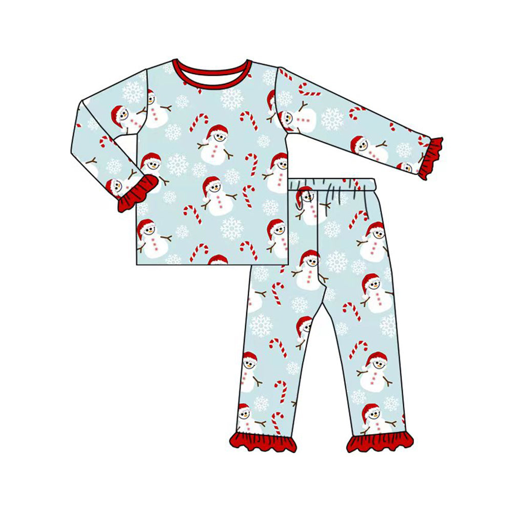 (Pre-order)GLP1647 Snowman Candy Cane Print Girls Christmas Pajamas Clothes Set