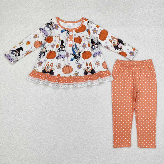 GLP1651 Cartoon Dog Pumpkin Tunic Top Orange Pants Girls Halloween Clothes Set