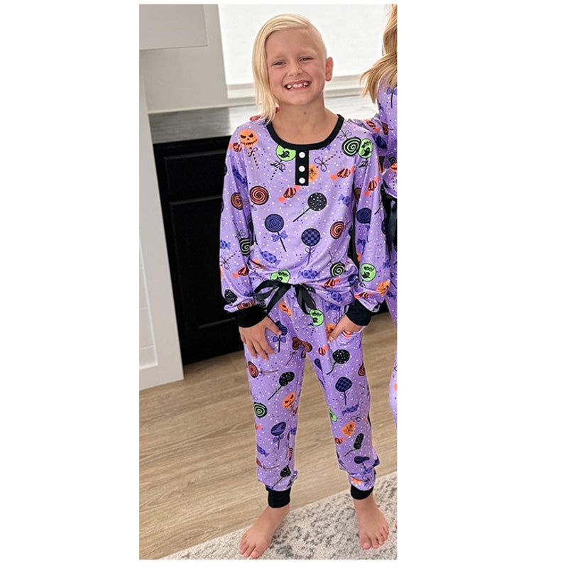 (Pre-order)GLP1655 Lollipop Purple Print Girls Halloween Pajamas Clothes Set