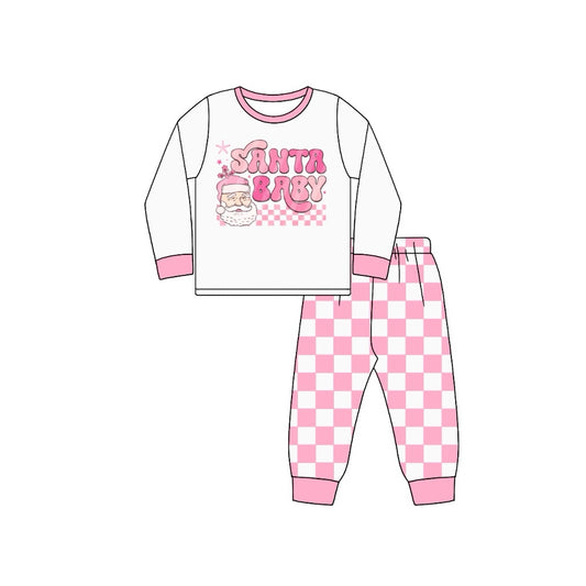 (Pre-order)GLP1660 Santa Baby Top Pink Plaid Pants Girls Christmas Clothes Set