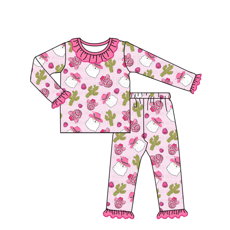 (Pre-order)GLP1662 Santa Cactus Pink Print Girls Christmas Pajamas Clothes Set