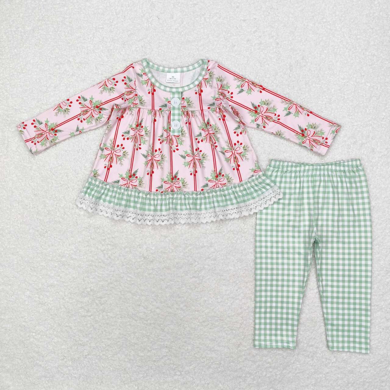 GLP1663 Holly Bows Tunic Top Green Pants Girls Christmas Clothes Set