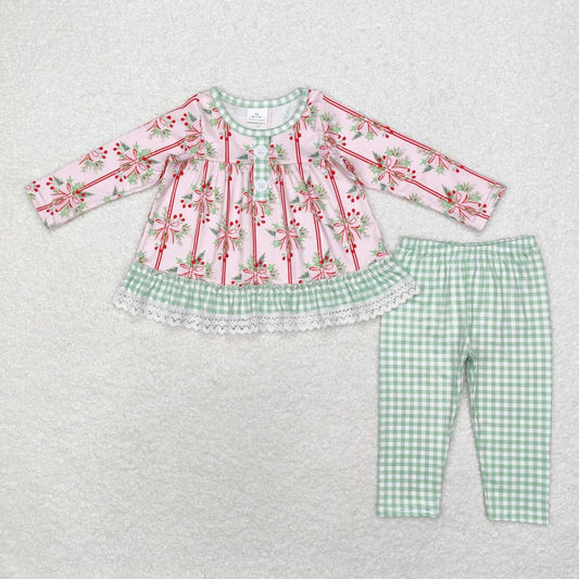 GLP1663 Holly Bows Tunic Top Green Pants Girls Christmas Clothes Set