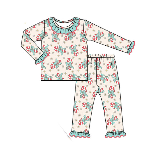 (Pre-order)GLP1667 Candy Cane Blue Bows Print Girls Christmas Pajamas Clothes Set