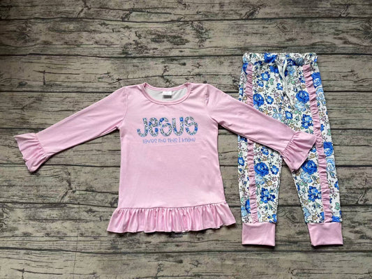 (Pre-order)GLP1670 Jesus Pink Top Flowers Pants Girls Fall Clothes Set