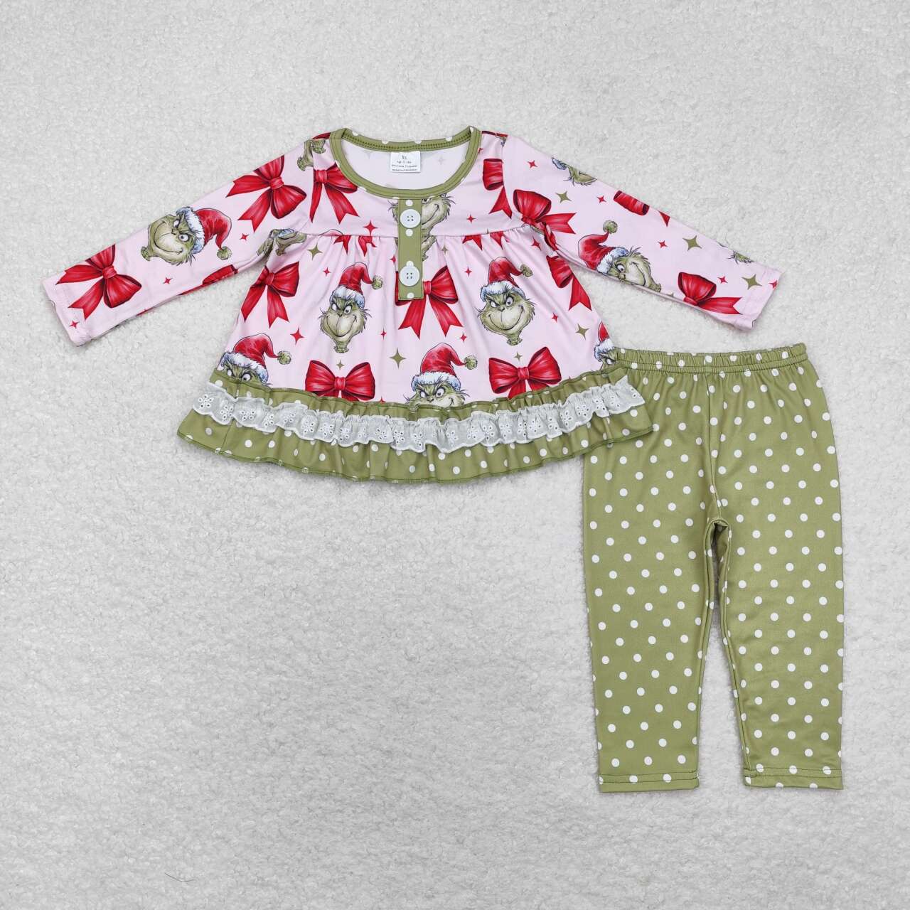 GLP1671 Green Frog Red Bows Tunic Top Green Pants Girls Christmas Clothes Set