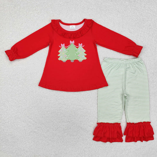 GLP1672 Tree Red Tunic Top Green Stripes Pants Girls Christmas Clothes Set