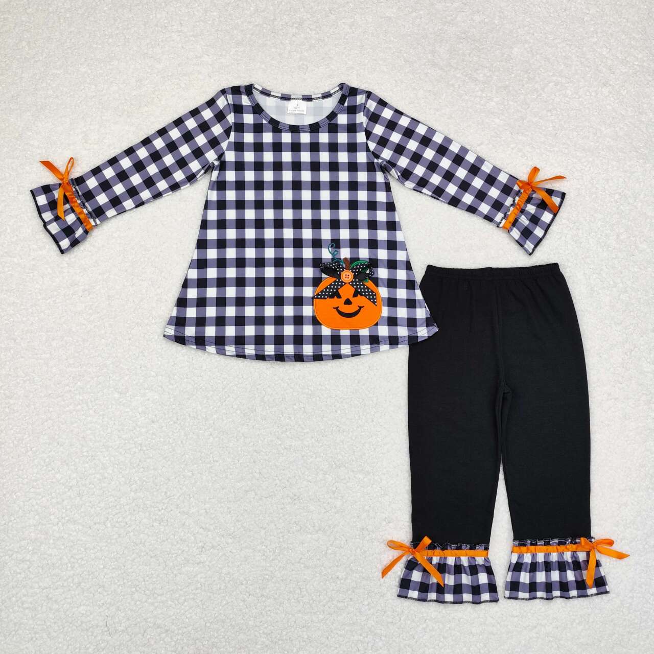 GLP1674 Pumpkin Embroidery Black Plaid Top Black Pants Girls Halloween Clothes Set