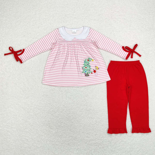 GLP1677 Tree Embroidery Pink Stripes Tunic Top Red Pants Girls Christmas Clothes Set