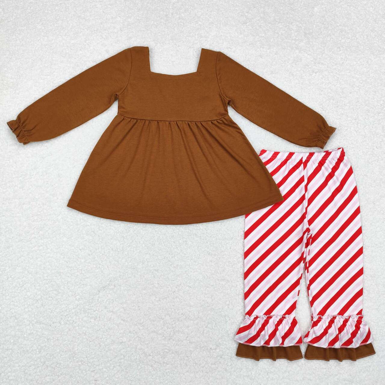 GLP1682 Gingerbread Bows Brown Tunic Top Stripes Pants Girls Christmas Clothes Set