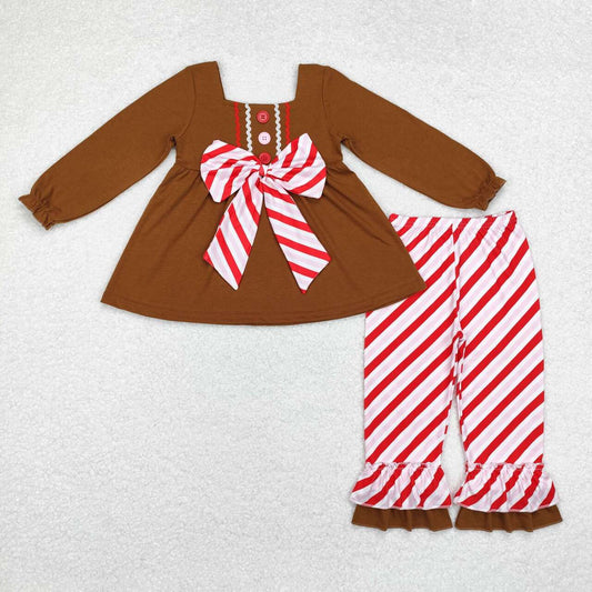 GLP1682 Gingerbread Bows Brown Tunic Top Stripes Pants Girls Christmas Clothes Set