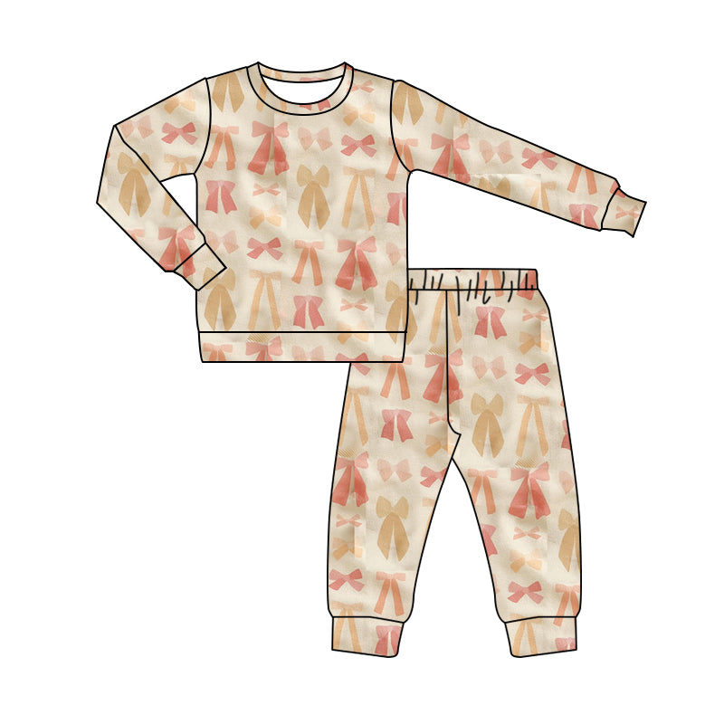 (Pre-order)GLP1685 Bows Print Girls Fall Pajamas Clothes Set