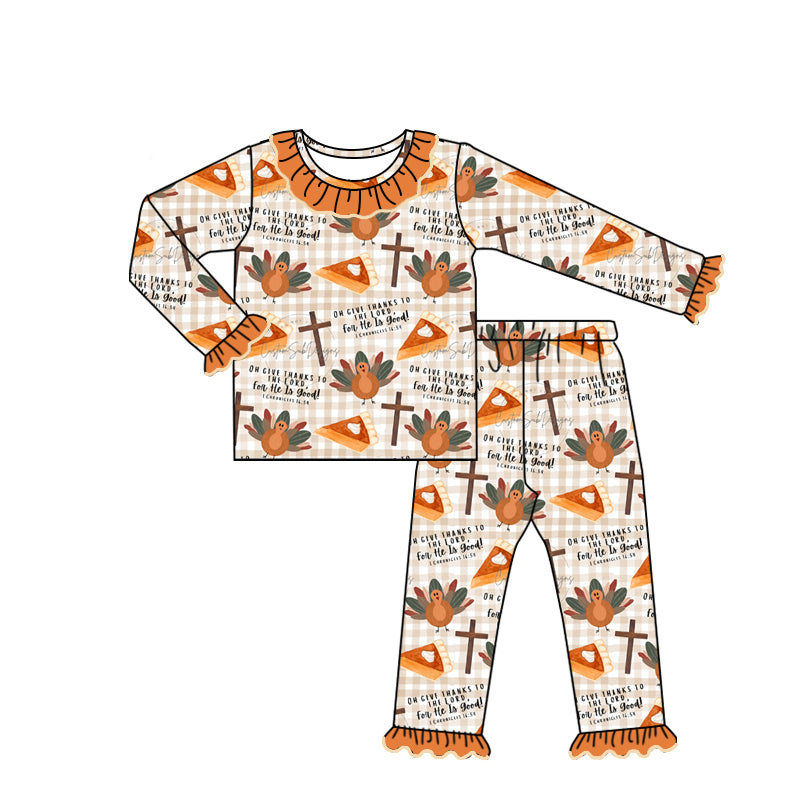 (Pre-order)GLP1686 Turky Pie Print Girls Thanksgiving Pajamas Clothes Set