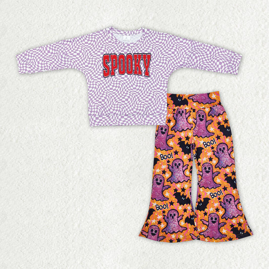 GLP1691 SPOOKY Purple Plaid Top Ghost Bat BOO Bell Pants Girls Halloween Clothes Set