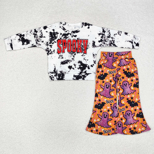 GLP1692 SPOOKY Top Purple Ghost Bat Bell Pants Girls Halloween Clothes Set