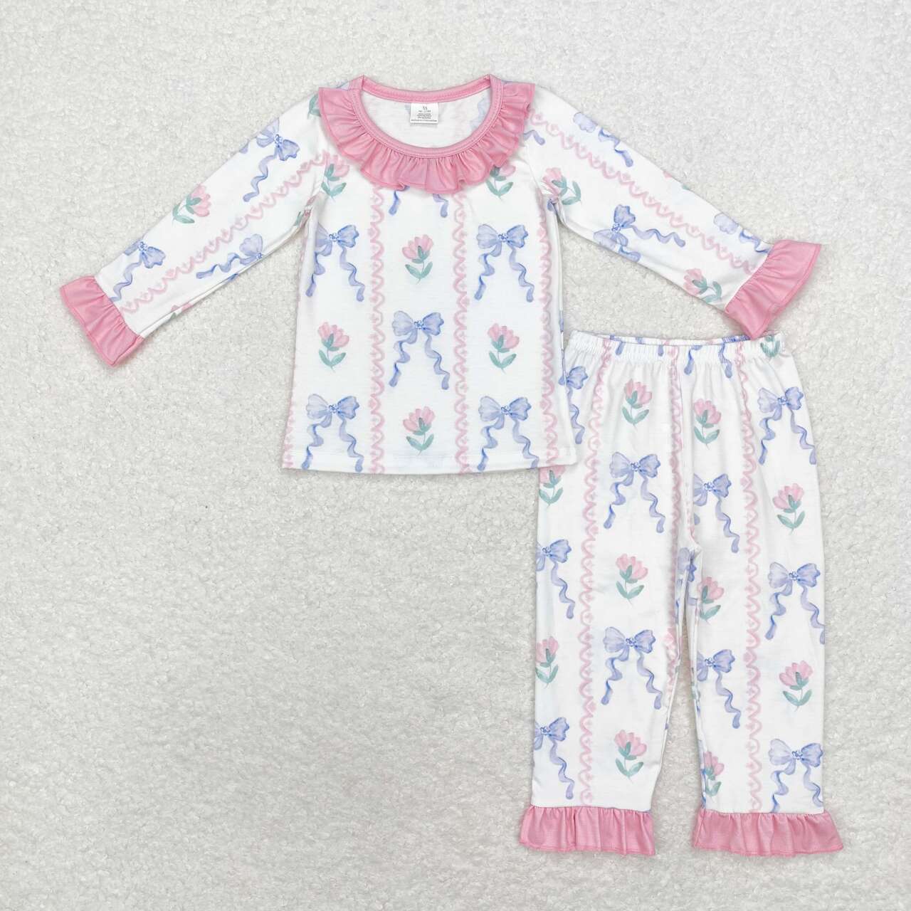 GLP1693 Flowers Blue Bows Print Girls Fall Bamboo Pajamas Clothes Set