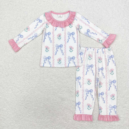 GLP1693 Flowers Blue Bows Print Girls Fall Bamboo Pajamas Clothes Set