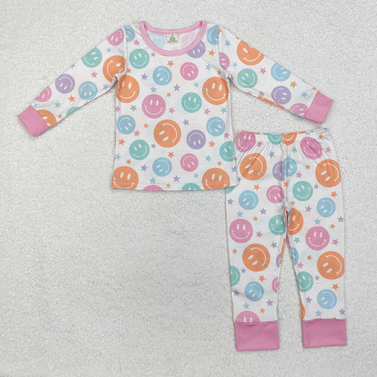 GLP1694 Colorful Smiling Face Print Girls Fall Bamboo Pajamas Clothes Set