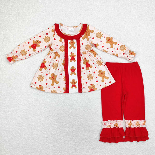 GLP1697 Gingerbread Tunic Top Red Pants Girls Christmas Clothes Set