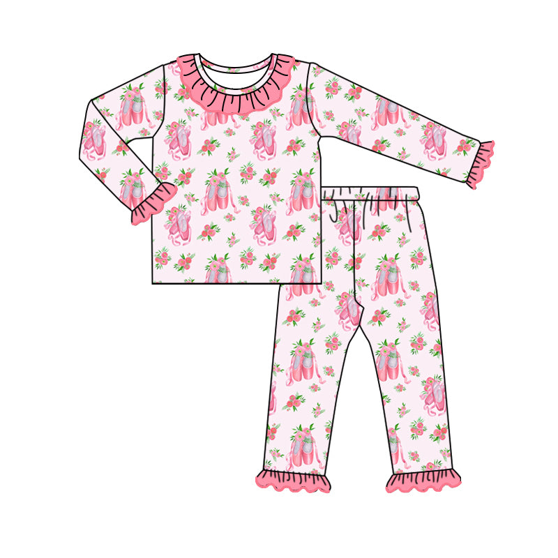 (Pre-order)GLP1698 Dancing Shoes Flowers Print Girls Fall Pajamas Clothes Set