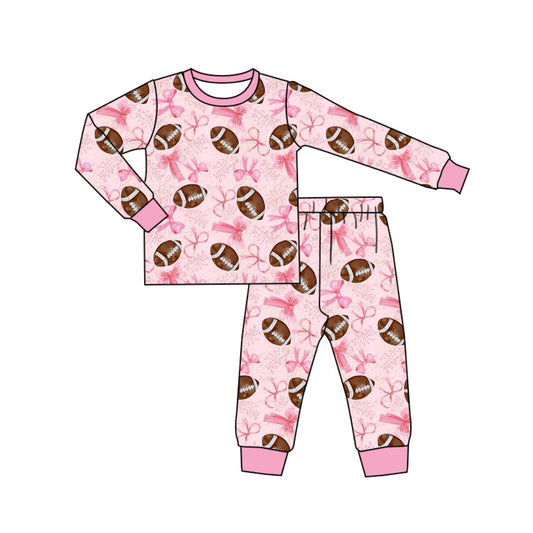 (Pre-order)GLP1700 Football Pink Bows Print Girls Fall Pajamas Clothes Set