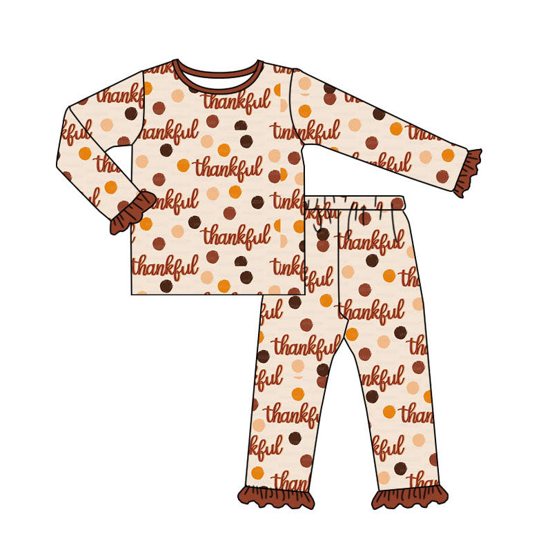 (Pre-order)GLP1702 Thankful Brown Dots Print Girls Thanksgiving Pajamas Clothes Set