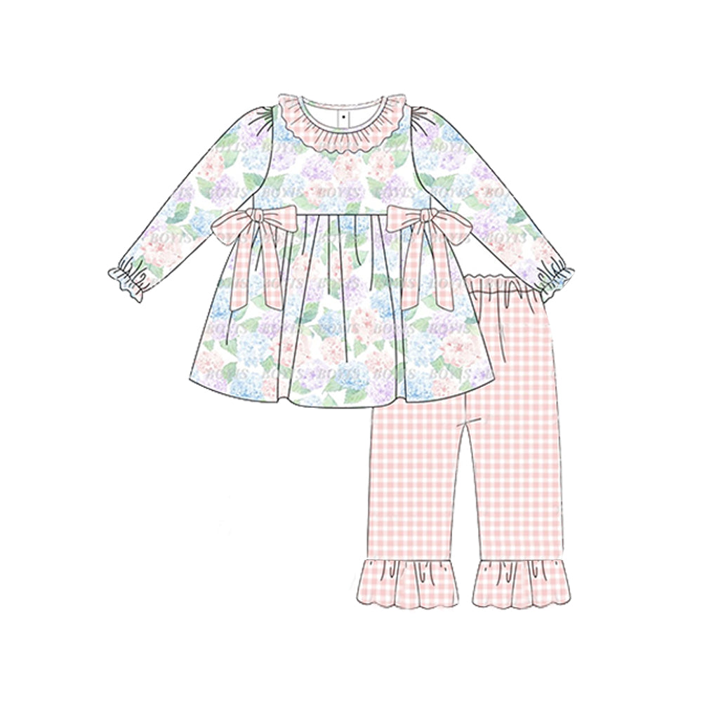 (Pre-order)GLP1703 Flowers Tunic Top Plaid Pants Girls Fall Clothes Set