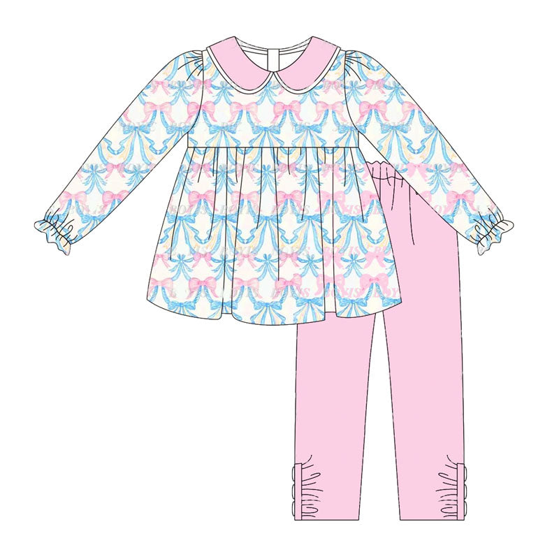 (Pre-order)GLP1704 Pink Blue Bows Tunic Top Pink Pants Girls Fall Clothes Set