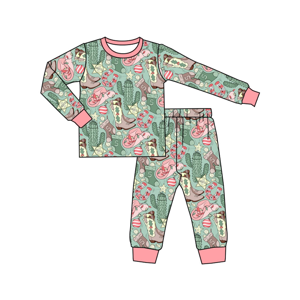 (Pre-order)GLP1706 Cactus Hat Boots Print Girls Fall Pajamas Clothes Set