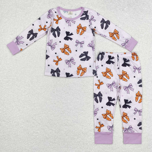 GLP1708 Purple Black Orange Bows Print Girls Halloween Bamboo Pajamas Clothes Set