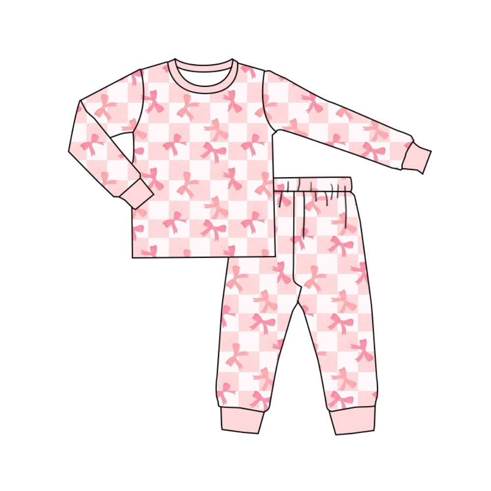 (Pre-order)GLP1709 Pink Plaid Orange Bows Print Girls Fall Pajamas Clothes Set