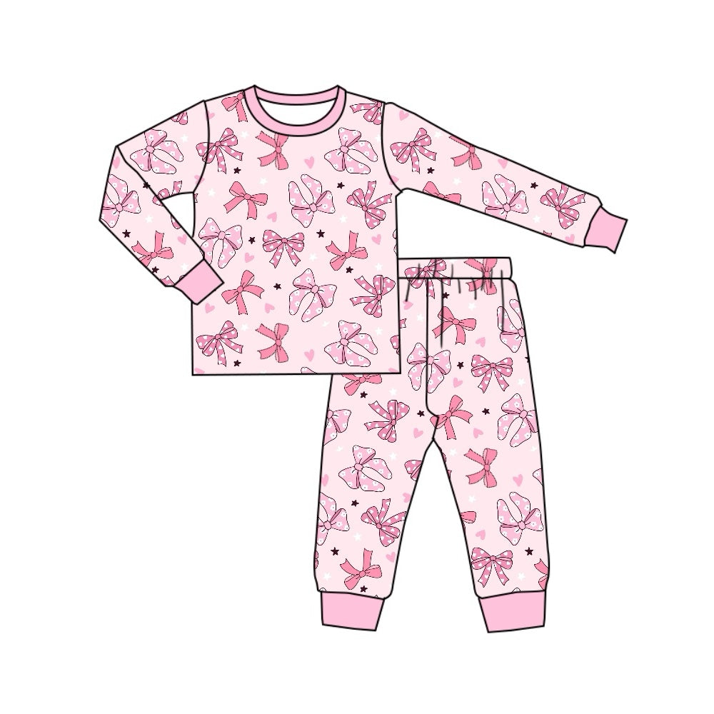 (Pre-order)GLP1710 Pink Bows Heart Print Girls Fall Pajamas Clothes Set