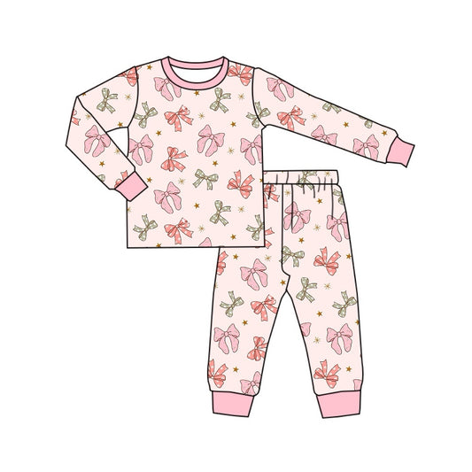 (Pre-order)GLP1711 Pink Red Green Bows Print Girls Fall Pajamas Clothes Set